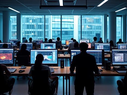 People learning digital media skills in a modern studio setting